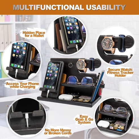 TESLYAR Wood Phone Docking Station for Men, Desk Accessories & Workspace Organizer, Nightstand Organizer, Key Holder
