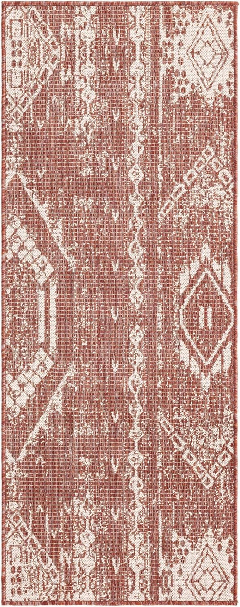 Unique Loom Outdoor Bohemian Collection Area Rug - Anthro (2' x 5' 1" Runner, Rust Red/ Ivory) by Unique Loom