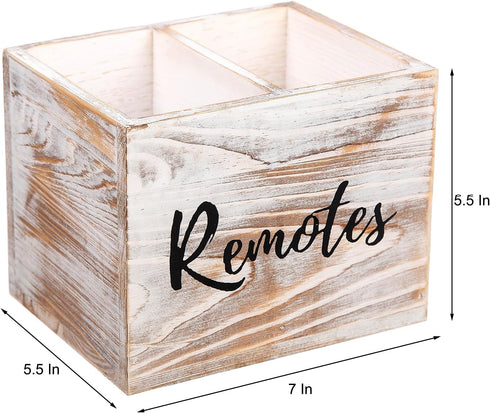 Rustic Whitewashed Wood Remote Control Holder, Two Slot Tabletop Organizer for Game Console, Mobile Phone, Living Room