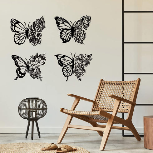 Pelopy 4 Pcs Butterfly Metal Wall Decor, Boho Iron Hanging Wall Art, Flower Wall Art for Bedroom Living Room, Black