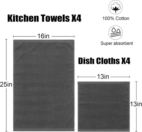 QAJ 100% Set, Pack 8 16" 25" 13" 13" (400 Cotton Kitchen Towels and Dishcloths of Super Absorbent x Kitchen Towels