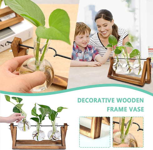 3 Bulb Kingbuy Desktop Glass Planter Iron and Wooden Stand Plant Terrariums for Indoor Office Desk Decor Accessories