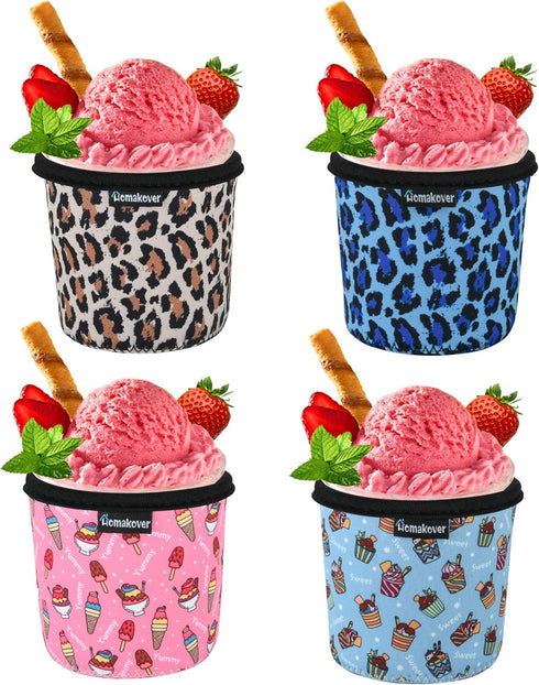 Homakover 4 Pack Ice Cream Pint Size Ice Cream Sleeves Neoprene Cover with