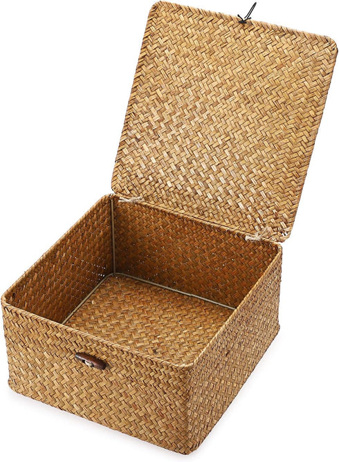 Hipiwe Handwoven Seagrass Basket Bin Square Household Storage Container with Lid Wicker Shelf Basket Bin for Bookshelf