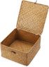 Hipiwe Handwoven Seagrass Basket Bin Square Household Storage Container with Lid Wicker Shelf Basket Bin for Bookshelf