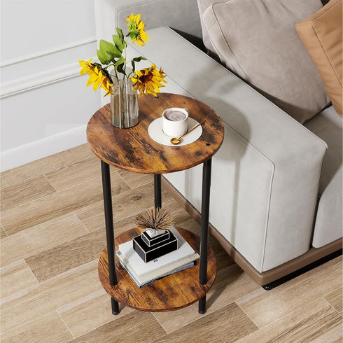 Small Round Side Table, Brown Round End Table with Storage, 2-Tier Modern