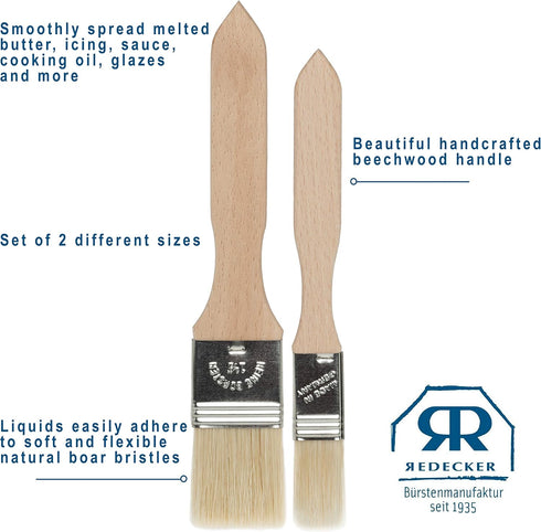 REDECKER Pastry Brushes Set, 2 Different Sizes, Untreated Beechwood Handles, Natural Bristle Basting Brush