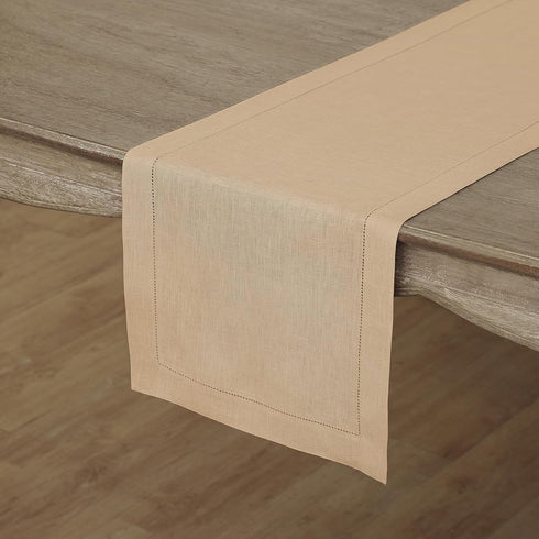 Solino Home Beige Linen Table Runner 36 Inch, 100% Pure Linen Classic Hemstitch, Machine Washable Dining