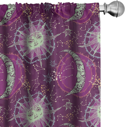 Lunarable 2-Panel Sun and Moon Window Curtains, Celestial Fantasy with Constellations on Purple, 28" x 63", Multicolor