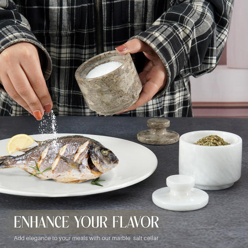 3" MARBLOUS KRAFTS Marble Salt Cellar with Lid White and Oceanic Celtic Salt & Pepper Containers, Perfect for Home