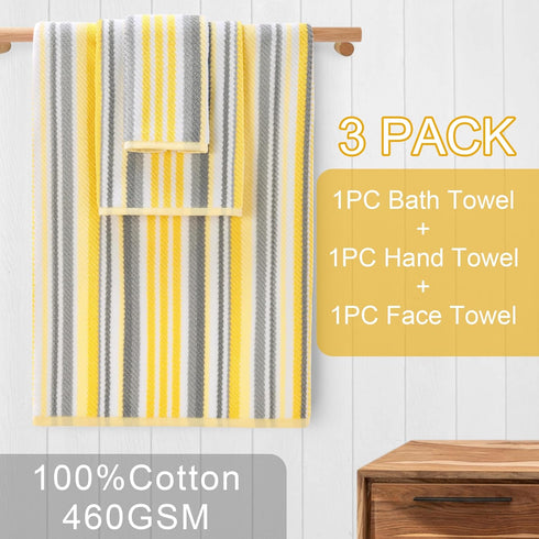3PC 100% 1 28"x52", 1 16"x27", 1 13"x13", Set, Bath Towels with Hanging Loops, Striped Towels - Cotton, Quick Dry