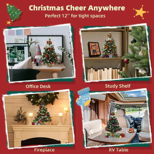 12 inch 1/6 1/12 iLAND Mini Christmas Tree with Lights Small Christmas Table Decorations Fits Office Desk Shelf Van