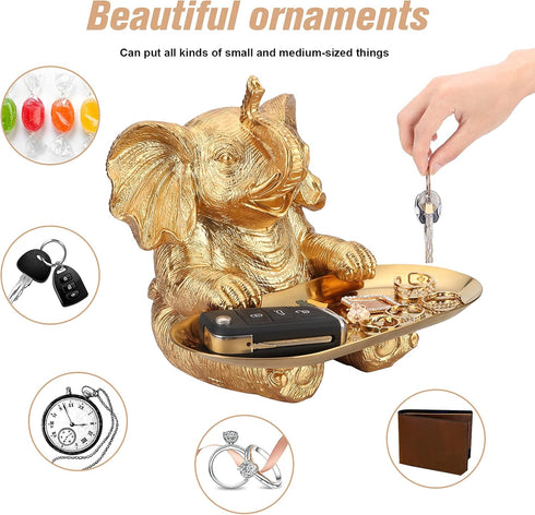 ZJ Whoest Gold Elephant Statue For Home Decor Accents Living Room Bookshelf TV Stand Office. Trinket Dish. Retirement