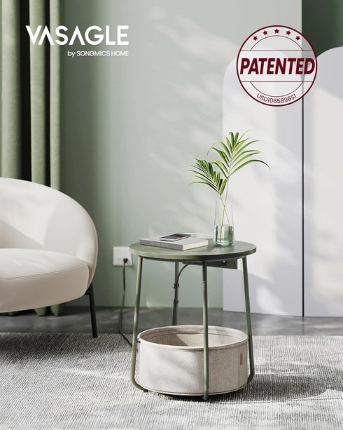 ULET228C04 VASAGLE LILEA Collection - Side Table with Charging Station, Round End Table with Fabric Basket, Nightstand