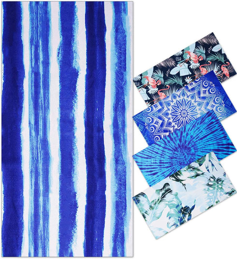 Oversized Terry Beach Towel, 36 x 72 in Soft Extra Large Pool Swim Towel, Blue Stripe Boho for Vacation