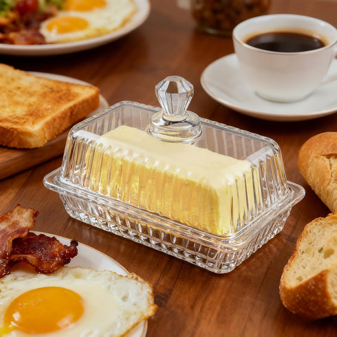 Countertop Clear Glass Butter Dish with Lid, Covered Crystal Butter Holder Container for & Fridge