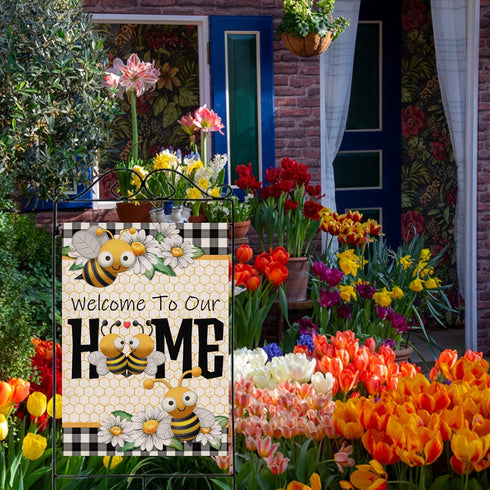 Welcome to Our Home Bumble Bee Spring Summer Decorative Large House Flag, Buffalo Plaid Check Daisy Garden Decor 28x40