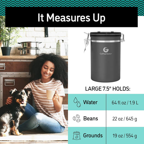 Coffee Gator Coffee Canister, 22oz, Airtight Stainless Steel Kitchen Food Storage Container, Silver, with Date Tracker
