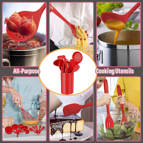 E-far 23 Pcs Silicone Kitchen Utensils Set in Red, Cooking Tools with Holder for Nonstick Cookware, Heat Resistant