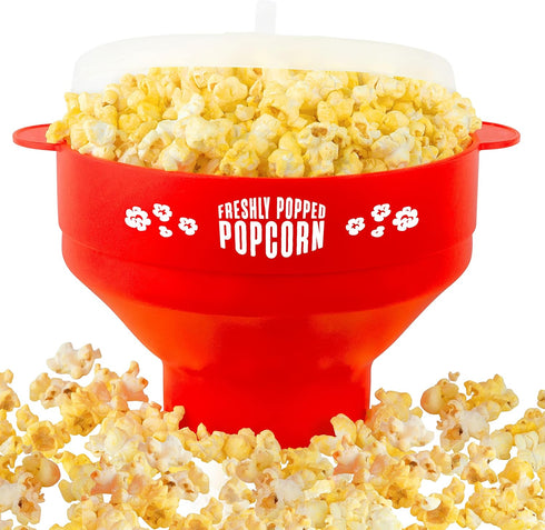 Silicone Microwave Popcorn Popper (Red), Collapsible Air Popper with Lid, Reusable, BPA-Free, Dishwasher Safe