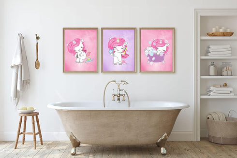 Silly Goose Gifts Magical Unicorn Bathroom Wall Art Decor, Set of Three, Poop Bathtub Blow Dryer Hair