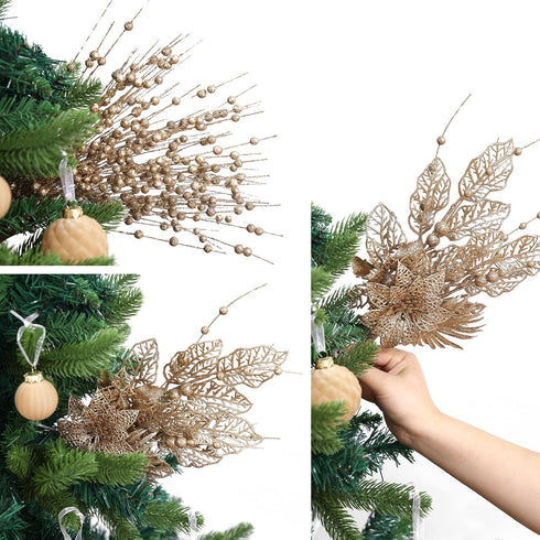 CristBest 24 Pack Christmas Tree Ornaments - Artificial Flowers Glitter Berry Stems Christmas Floral Picks Branches
