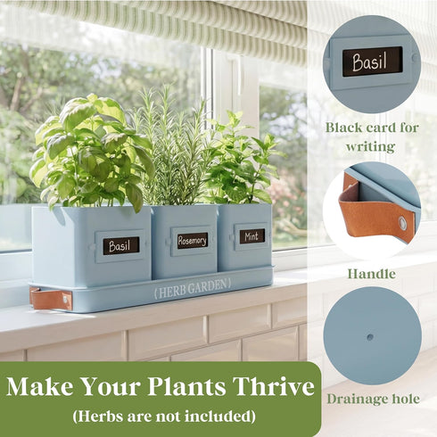 Set PERFNIQUE Indoor Herb Garden, Herb Garden Planter with Tray, Farmhouse Indoor Plant Pots, Windowsill Herb Garden