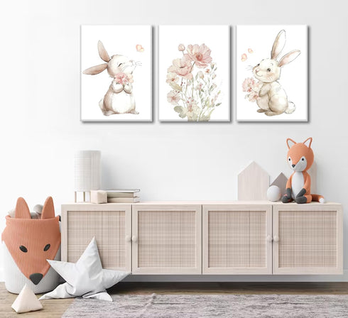 Grengel Pink Girl Nursery Bunny Canvas Wall Art Cute Rabbit Wildflowers Painting Pictures Wall Decor Botanical