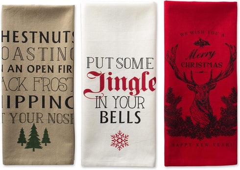DII Holiday Collection Vintage Print Dishtowel Set, 18x28, Christmas Stag, 3 Piece for Kitchen Use