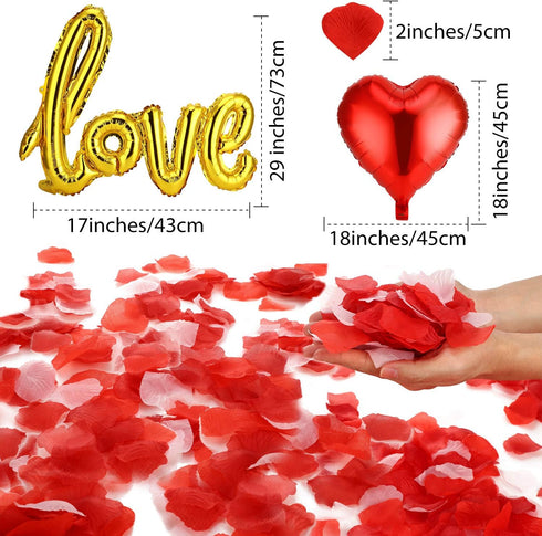 Valentines Day Red Wedding Decorations - Heart Shaped Love Foil Balloons, Silk Rose Petals, Romantic Design for