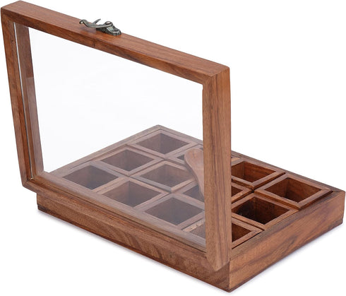 12 1 Ajuny Wooden Spice Box - Masala Dabba Organizer with Glass Lid on Top, Removable Compartments and Designer Spoon