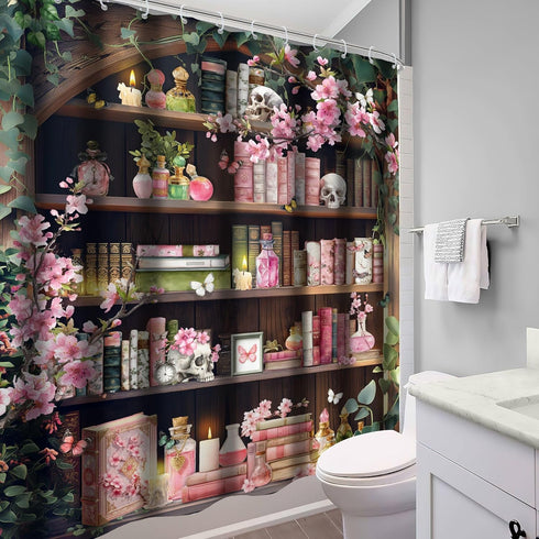 60Wx72H 12 Pack Gothic Skull Shower Curtain Vintage Bookshelf Witchy Floral Pink Cherry Pretty Retro Magic Spring