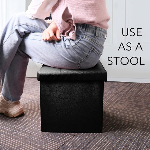 LotFancy Foldable Storage Ottoman, Small Leather Bench with Storage, 13x12x12 Inches, Holds up to 260 lb, Black