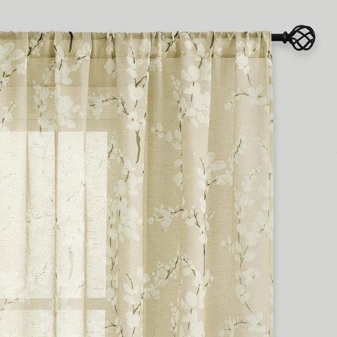 FMFUNCTEX Linen Sheer Curtains, 84 Inches Long, Cream Blossom Floral Print, Light Filtering Linen Blend, 2 Panels