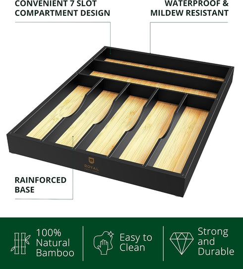 ROYAL CRAFT WOOD Luxury Bamboo Utensil Rack, Kitchen Drawer Organizer with Grooved Dividers for Flatware, 7 Slot