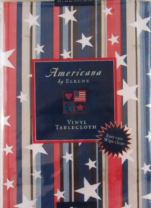 Elrene Home Fashions Patriotic Stars on Red, White, Blue and Black Wood Grain Stripes Vinyl Flannel Back Tablecloth,