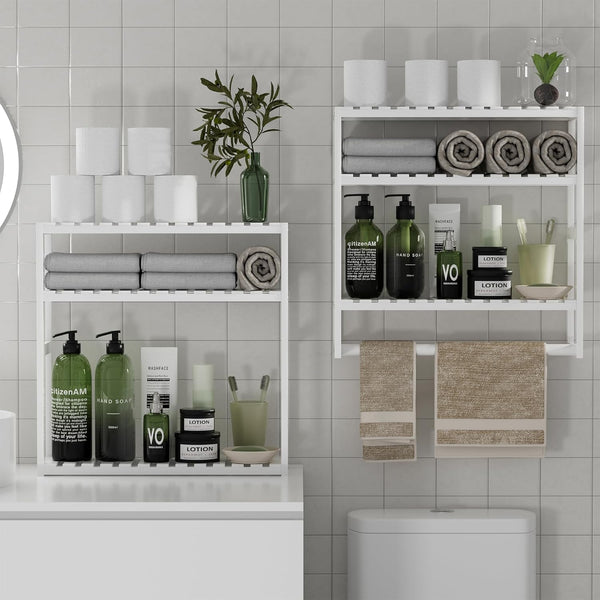 PPN Towel Rack Bathroom Storage Shelves Over The Toilet with Towel Bar, 100% Bamboo Adjustable Height Floating Shelf