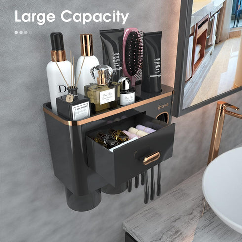 2 iHave Toothbrush Holders Wall Mounted with Toothpaste Dispenser & Cups - Luxury Black and Gold Design for Bathroom