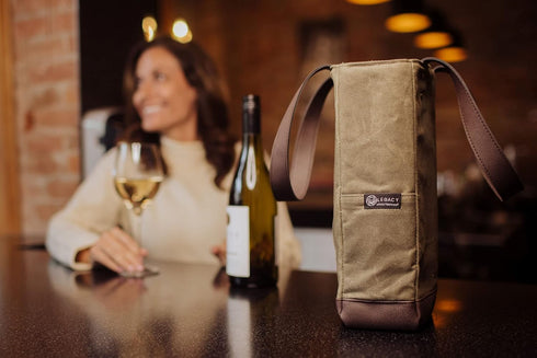 PICNIC TIME 2 Bottle Insulated Tote, Distressed Waxed Canvas Wine Gift Bag, Khaki Green with Beige Accents