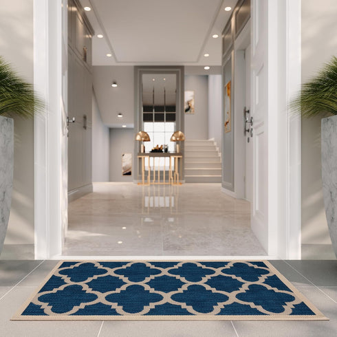 SAFAVIEH Courtyard Collection Accent Rug - 2' x 3'7", Navy & Beige, Moroccan Trellis Design, Non-Shedding & Easy Care, Indoor/Outdoor & Washable-Ideal for Patio, Backyard, Mudroom (CY6243-268) by Safavieh