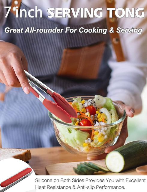 Anaeat Non-Stick Silicone Locking Tong Set of 3 - 7", 9" and 12" Kitchen Food Tongs with Non-Slip Tips, Heat Resistant