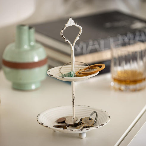 Stonebriar Small 2 Tier Worn White Metal Tray, Rustic Farmhouse Decor, Tiered Jewelry Tray for Vanity or Bathroom, 9.25"