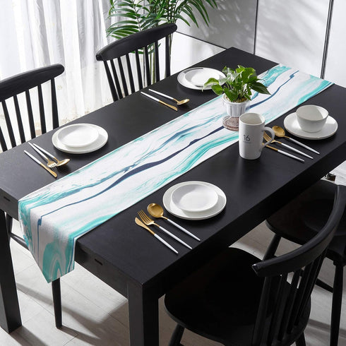 Cotton and Linen Triangle Table Runners, 90 Inches Long, Abstract Liquid Modern Turquoise Print for Table Decoration