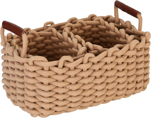 Sea Team 3-Pack Rectangle Woven Cotton Rope Storage Baskets - Shelf Basket, Closet Organizers, 3-in-1, Khaki