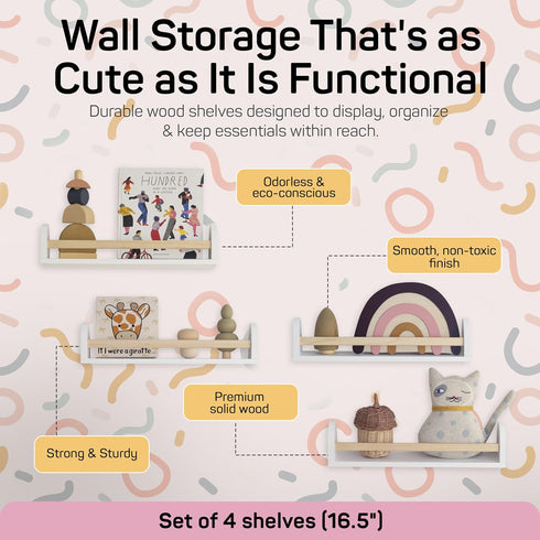 SANOA & CO. 16.5" 4-Pack (16.5 Inches) Nursery Book Shelves for Wall Nursery Wall Decor, Floating Bookshelf for Kids
