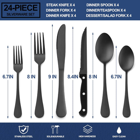 E-far 24-Piece Black Silverware Set with Steak Knives, Stainless Steel Flatware Cutlery Set for 4, Matte Black Metal Eating Utensils Sets Include Forks and Spoons Knife, Modern Design & Rust Proof by E-far