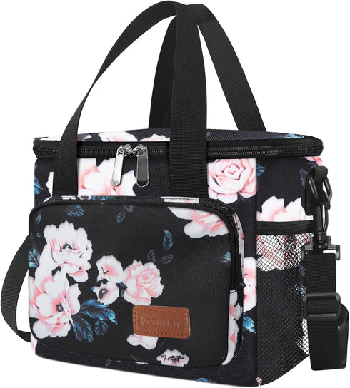 Femuar Lunch Bags for Women/Men: Insulated Lunch Cooler Bag with Adjustable Shoulder Strap - Pink Flower