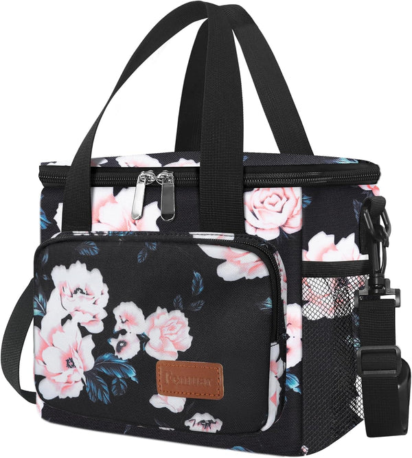 Femuar Lunch Bags for Women/Men: Insulated Lunch Cooler Bag with Adjustable Shoulder Strap - Pink Flower