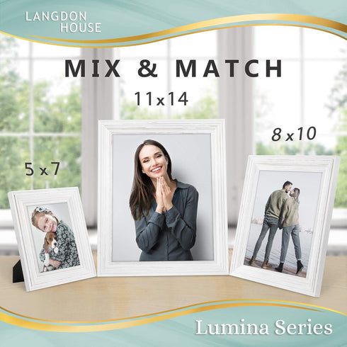 Langdon House 11x14 Real Wood Picture Frames (2 Pack, Weathered White - Gold Accents), Wall Mount or Table Top