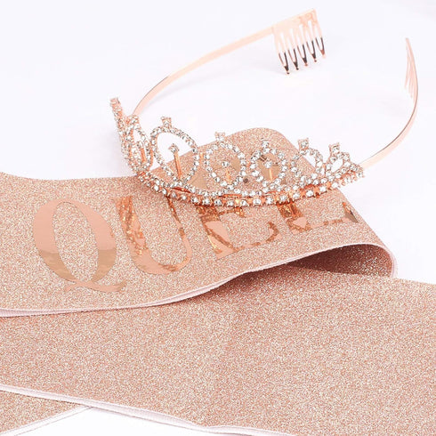 CAVETEE Birthday Crown and Sash for Women, Rose Gold Rhinestone Tiara Set for Decorations